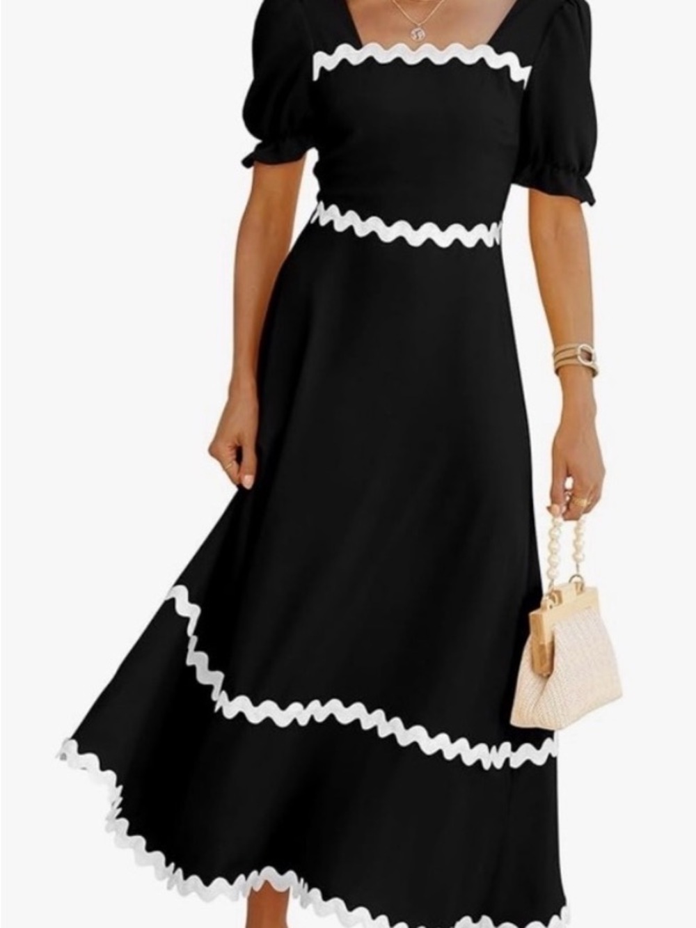 Black Midi Dress with White Scallop Trim and Puff Sleeves